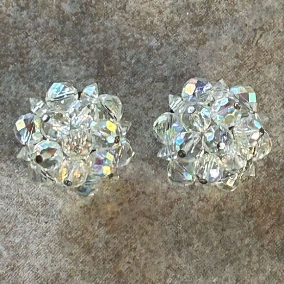 Vintage AB Rhinestones Clip-On Earrings Clear Aurora Borealis Silver-tone Round - Picture 6 of 8